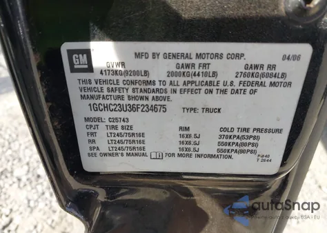 2006 Chevrolet Silverado 2500Hd Ls из США, поврежденный, VIN 1GCHC23U36F234675